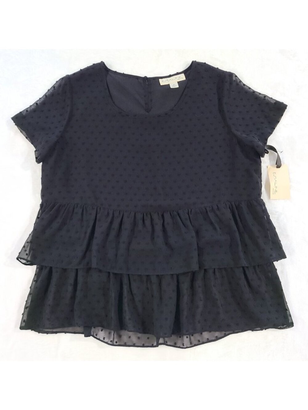 Emaline NWT Swiss Dot Top Size PM Medium Tiered Peplum Black Blouse lined